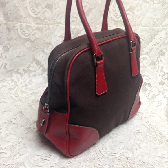 Prada Brown Canvas -Red Leather Trim Shoulder Bag - Picture 4 of 16
